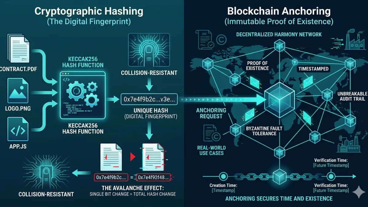 The process of securing data through hashing and blockchain anchoring